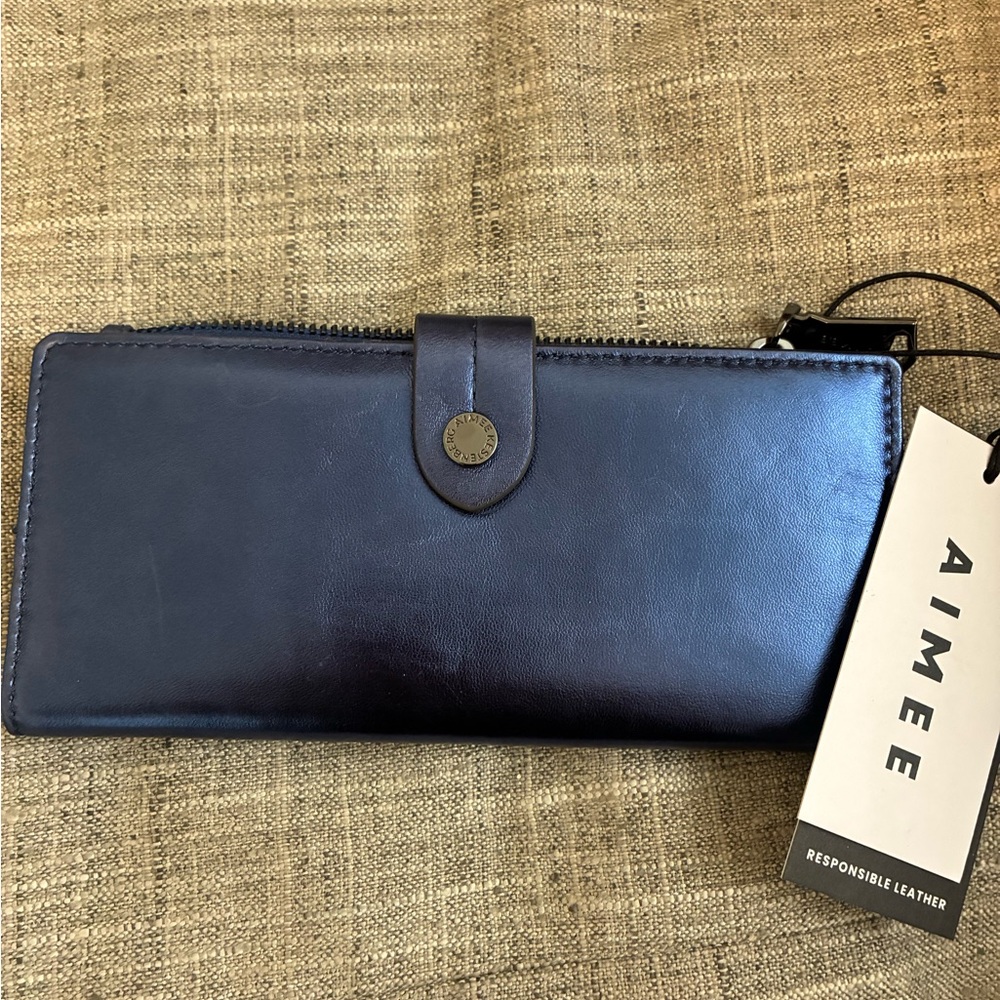 NWT Aimee Kestenberg Powerfold Leather Bifold Wallet MidnghtBlueMetl